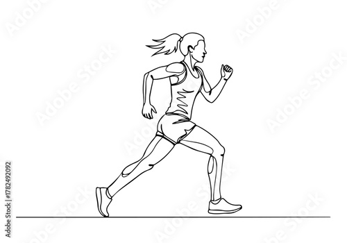 Continuous line drawing of a female athlete sprinting, showcasing dynamic movement and an active lifestyle. This minimalist illustration captures the energy of running with determination