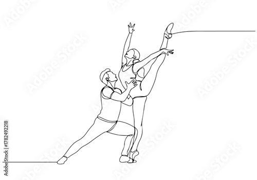 A captivating continuous line drawing capturing the graceful movement of a ballet couple in a dynamic, harmonious dance pose, showcasing artistic elegance and precision