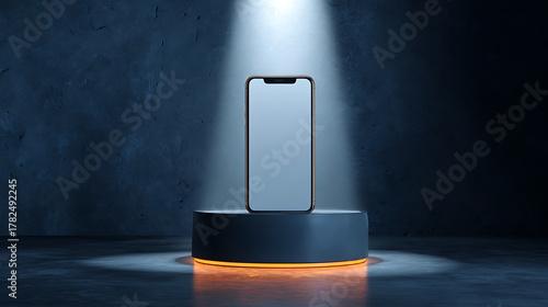 Sleek smartphone on illuminated display stand, showcasing modern technology innovation with a spotlight, perfect for mobile app promotions and tech product reveals