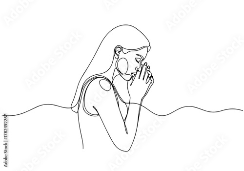 Meditative Continuous Line Drawing of a Young Woman with Hands Clasped in Thoughtful Reflection, Expressing Serenity and Inner Peace