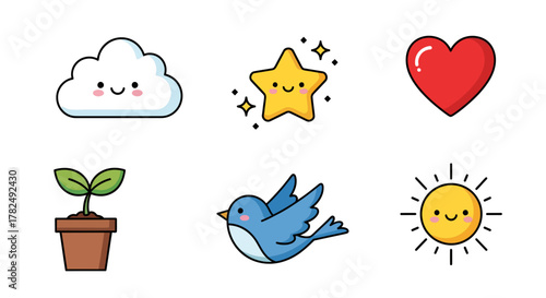 Delightful Kawaii Icons: Celebrating Nature, Affection, and Whimsical Elements Together