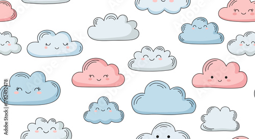 Delightful sky pattern design featuring cute clouds in pastel pink and blue hues, adorably