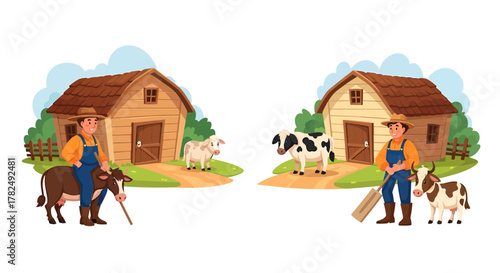 Delightful rural scene showcasing farmers tending to their cows near charming barns