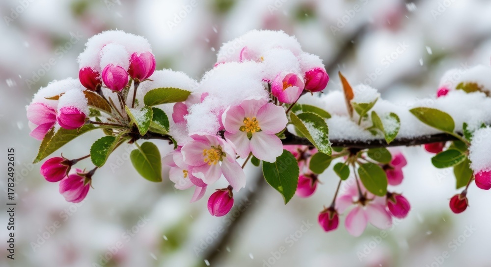 Obraz premium Snowy Blossoms: Delicate pink blossoms emerge, adorned with a gentle blanket of fresh snow, evoking the rare beauty of nature's unexpected harmony.