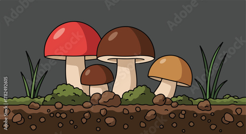 Cartoon illustration of different mushroom types growing in the ground
