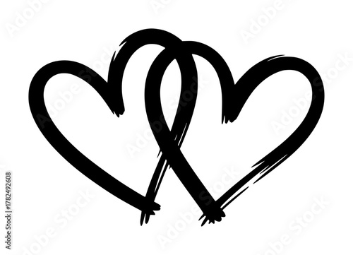 Two Intertwined Black Hearts with Brushstroke Texture on White Background