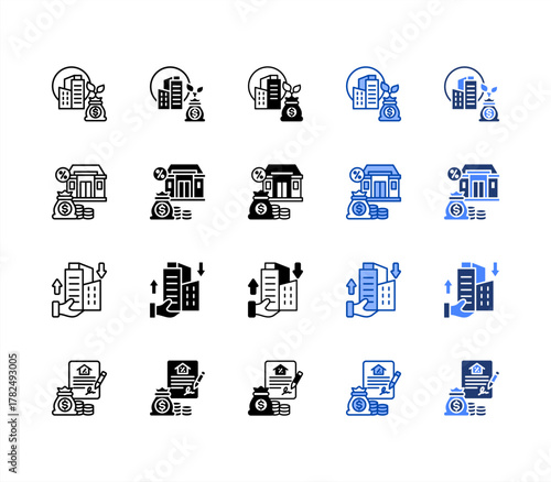 Investment, Mortgage, Capital, Loan multiple style icon set.