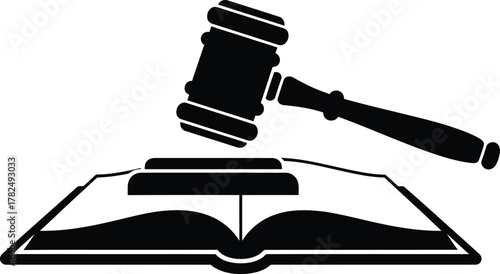 Black silhouette of a judge s gavel striking an open book symbolizing justice and education isolated on transparent background