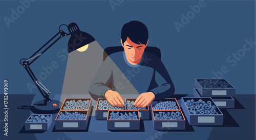 Person sorting objects at a desk under a lamp, blue tones