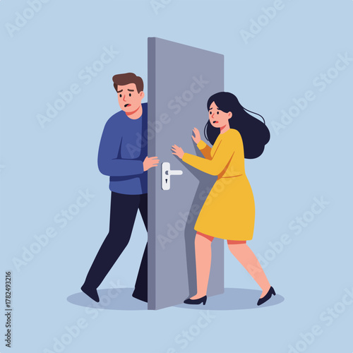 Illustration of a man and woman reacting to a door. They appear surprised or scared