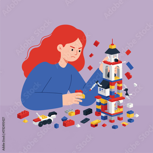 An irritated red-haired person builds with colorful plastic blocks; a tower is falling apart