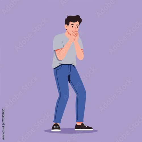 A person covers their mouth with their hands in a gesture of shock, concern, or dismay, on purple bg