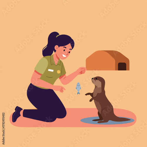 A zookeeper kneels and offers a fish to a standing otter, near its den. Flat illustration style