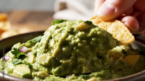 Hand dipping a tortilla chip into a bowl of fresh guacamole with herbs and diced ingredients
