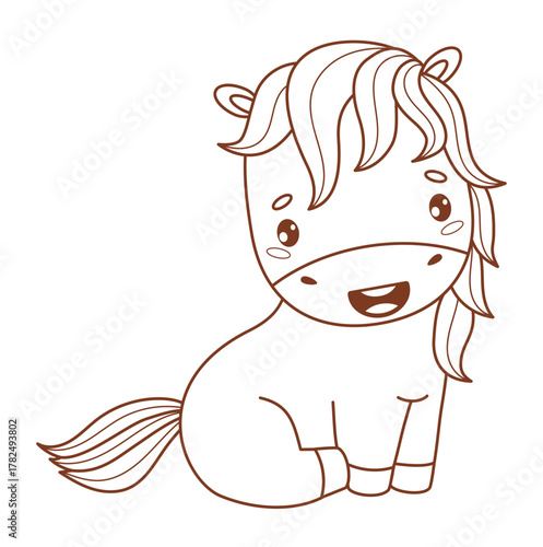 Outline Cute Horse. Adorable Kawaii Animal Pony. Line drawing, coloring book. Vector illustration. Not AI