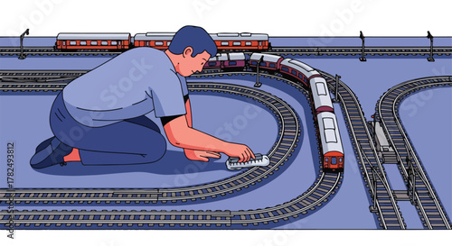 Man on knees with model trains