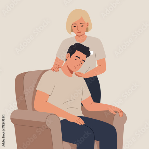 An illustration shows a person seated in a chair receiving a shoulder massage from a standing individual