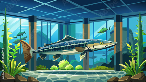 Very beautiful Atlantic sturgeon displayed in a large aquarium tank at the National Aquarium in Baltimore, Maryland, USA, featuring clear blue water, soft lighting, and a realistic view of the fish’s 