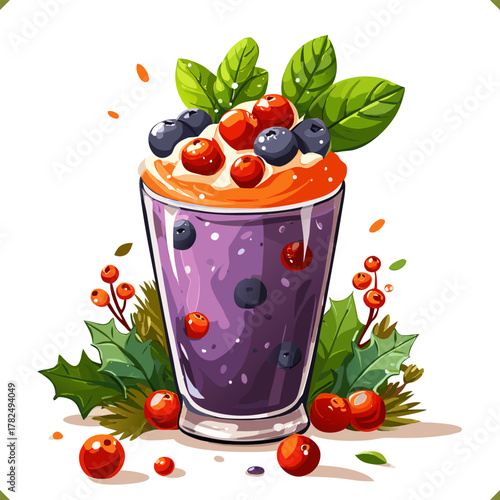 Vector illustration of a tall glass of berry smoothie with cream, blueberries, cranberries, and leaves, isolated on a white background. Vector illustration of cold fruit beverage on white background