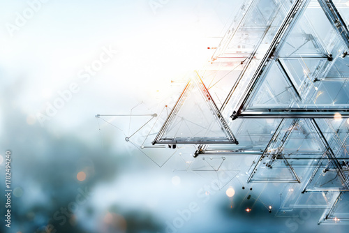 Abstract geometric composition with transparent glass triangles and soft light background