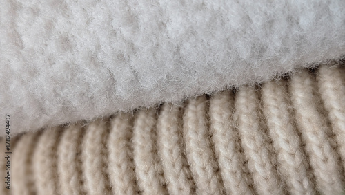 contrast of white fluffy fleece texture and beige ribbed knit fabric close-up