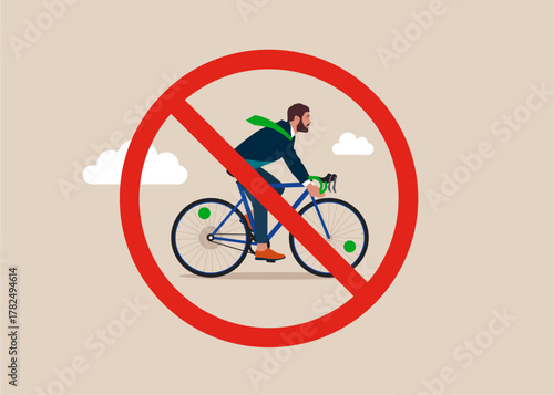 No Cycling road sign. Stop or ban red round sign with businessman with cycling. Vector flat illustration