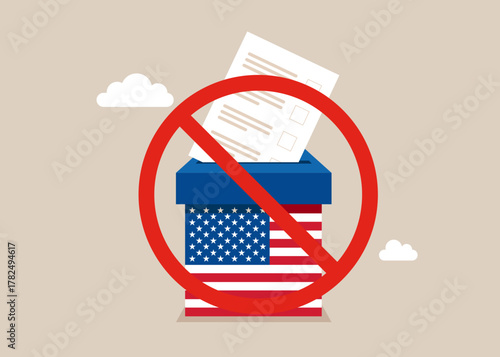 Prohibition on voting in United State of America. Seizure of paper ballots to election box. Voter bribery, dictatorship concept. Flat vector illustration