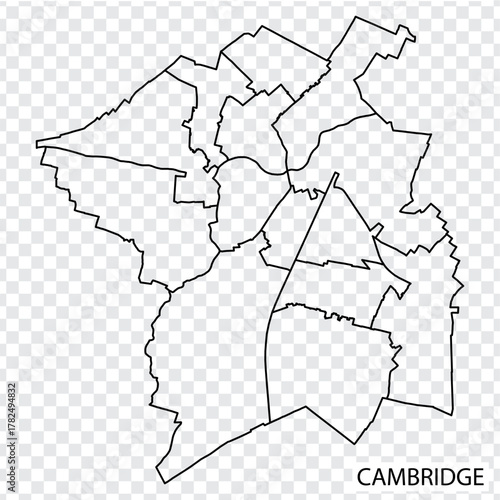 High Quality map of Cambridge is a city  of the United Kingdom, with borders of districts. Map Cambridge of England your web site design, app, UI. EPS10.