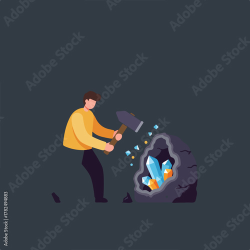 An illustrated miner swings a hammer, breaking a rock to reveal colorful crystals. Dark background