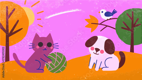 
A nostalgic retro autumn moment where a cat and dog play together in warm sunlight as a bird watches from above.