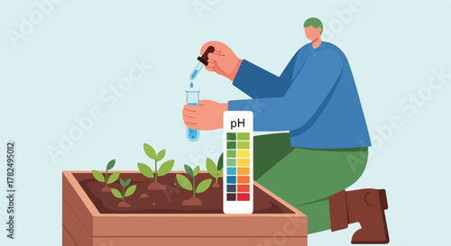 Person testing soil pH near plants