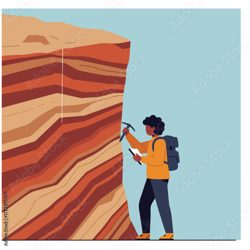 A person with a backpack and a geological pick examines stratified rock layers with a notepad