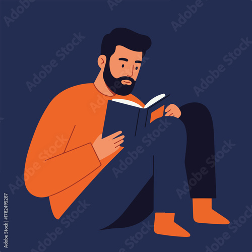 Stylized illustration of a bearded man in orange and blue, sitting and engrossed in reading a book
