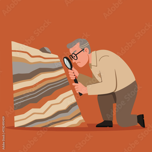 An older man uses a magnifying glass to examine the layers in a rock formation. The background is orange