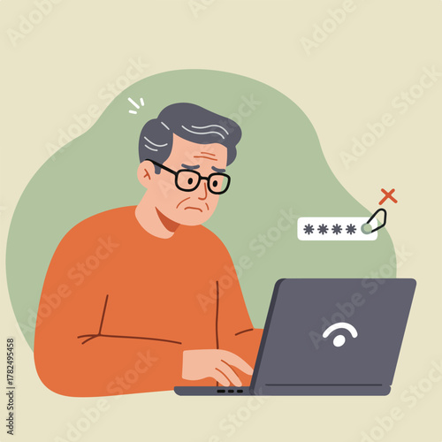 An elderly man, stressed, looking at a laptop with a rejected password indicator