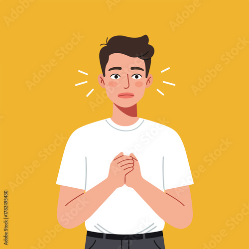 A vector illustration of a man with worried expression, clasping hands, set against a mustard yellow background