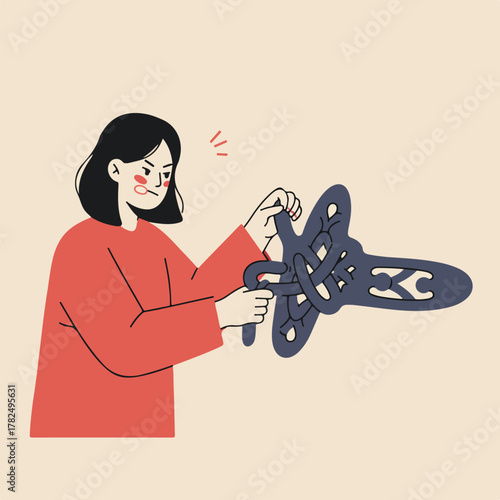 An illustrated person in a red outfit holds a perplexing, dark blue, interconnected shape with a frown