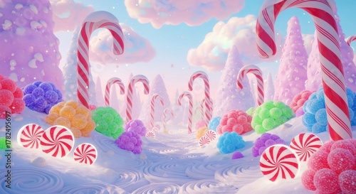 Whimsical candy land landscape with peppermint swirls, gumdrops, and candy canes under a pastel sky