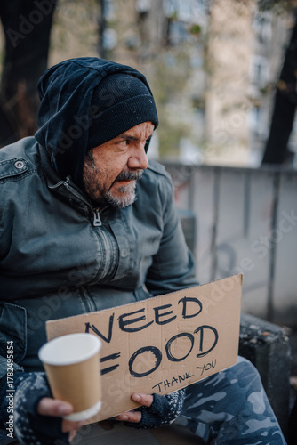 Slika na platnu Homeless elderly man begging for food on street