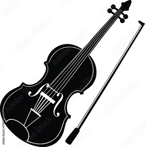 A detailed violin with its bow silhouette illustration