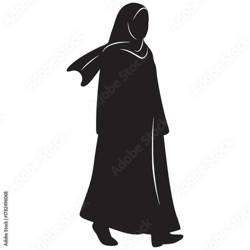 Stylish Muslim woman walking with grace and confidence, embodying modern Islamic fashion and cultural identity, originally a scalable vector graphic