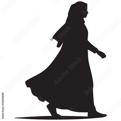 Elegant silhouette of Arab woman in traditional dress, modern abaya fashion, Arabian culture, Islamic traditions, Saudi woman walking, vector illustration