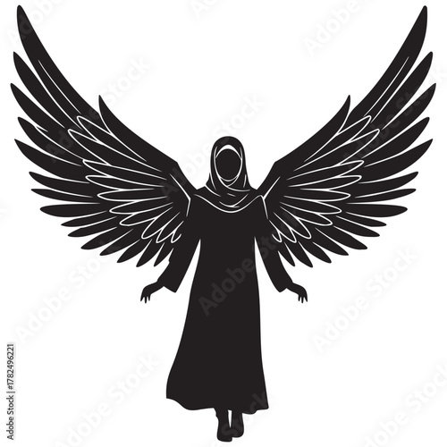 Mysterious silhouette of a woman with wings, powerful symbolic figure with hidden identity, inspiring strength and grace with an angelic quality