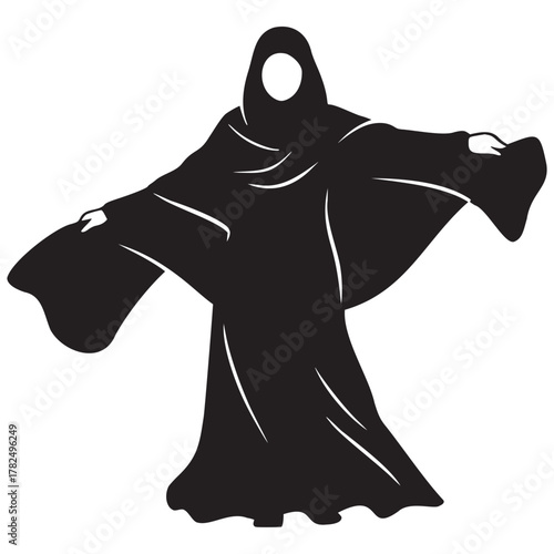 Eerie figure in hooded cloak with outstretched arms, perfect for Halloween, fantasy, or gothic designs. This vector art adds mystery and intrigue to any project