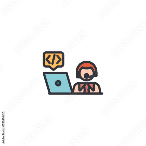 Male coder character working from laptop, representing developer performing backend, frontend, coding process, symbolizing computer engineering, debugging, and software building activity.