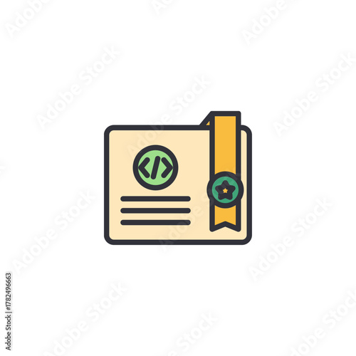 Document file icon showing code tag, illustrating software paper, programming sheet, digital specification content, development manual reference used by developers in modern digital project environmen