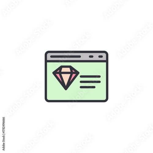 Browser window interface with diamond icon highlighting premium quality indicator for digital interface, symbolizing optimization, test environment, or professional code design quality assurance.