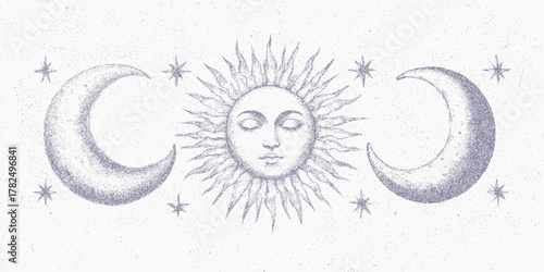 Vintage sun and moon. Simple black figure with smudged ink gritty surface and visible threshold line. Faint grain and dry speckles cover the aged texture.