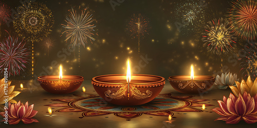 Three lit diyas center, surrounded by lotus flowers and fireworks, warm light, intricate patterns, festive ambiance, eye-level view, shallow depth of field.
