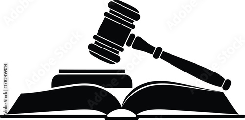 Black silhouette of a judge s gavel striking an open book isolated on transparent background